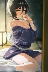 1girls absurdres bare_legs black_choker black_hair black_nails bleach blush bracelet breasts choker cleavage commentary english_commentary female hair_between_eyes highres indoors japanese_clothes jewelry kimono kuchiki_rukia legs looking_at_viewer no_shoes off_shoulder print_kimono purple_eyes purple_kimono short_hair sitting small_breasts socks solo steaming_body sweat tatami thighs waligner wariza white_socks