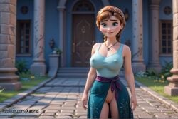 ai_generated anna_(frozen) artist_name bare_arms bare_shoulders blonde_hair blue_eyes blue_skirt blurry blurry_background blush braid breasts cleavage cleft_of_venus covered_nipples cowboy_shot day disney disney_channel disney_princess earrings female freckles frozen frozen_(film) frozen_2 hair_over_shoulder hairband jewelry large_breasts lips long_hair looking_at_viewer makeup necklace nipples no_bra no_panties orange_hair outdoors patreon_username pussy sash seethrough shirt skirt sleeveless smile solo tank_top uncensored web_address xadrid