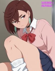 1female 1girls 2025 ai_generated anime ayase_momo breasts breasts brown_hair curvy curvy_body curvy_figure dandadan earrings female female female_only hair_between_eyes light-skinned_female light_skin loose_socks patreon patreon_username pink_sweater red_eyes ribbon school_uniform shirt short_hair short_hair_female skirt slim slim_waist solo solo_female solo_focus stable_diffusion thick_thighs thighs