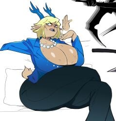 1girls antlers big_ass big_breasts blonde_hair blue_antlers blue_eyes blue_lipstick carol_holiday clothed_female clothing cyberlord1109 deer deer_ears deer_girl deltarune deltarune_chapter_4 female female_only hag higher_resolution_duplicate huge_ass huge_breasts low_res lowres massive_breasts pearl_necklace repost sfw solo sweat sweating sweaty sweaty_breasts thick_thighs undertale_(series)
