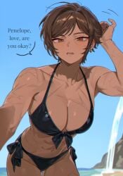 abs beach bikini black_bikini breasts brown_eyes brown_hair cleavage dark-skinned_female dark_skin earrings female highres jewelry large_breasts limbus_company outdoors outis_(project_moon) past_desiderium pov project_moon scar short_hair solo swimsuit