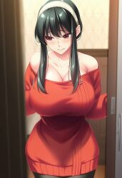 1girls 2025 ai_generated assassin bare_shoulders big_breasts black_hair black_legwear blush breasts cleavage clothed clothed_female clothing curvaceous curvy curvy_body curvy_female curvy_figure curvy_hips doorway female female_focus female_only fully_clothed house huge_breasts indoors inviting large_breasts legwear light-skinned_female light_skin looking_away nervous pantyhose red_eyes red_sweater shoulders solo solo_female spy_x_family standing sweater sweater_dress thick_thighs thighs voluptuous voluptuous_female yor_briar