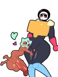 1boy 1other angelabaddiees big_penis billiard_ball brawl_stars dark-skinned_male dark_skin gigantic hyper_penis male meeple_(brawl_stars) nonbinary nonbinary_(lore) ollie_(brawl_stars) size_difference thick_thighs white_background