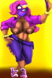 areolae bangle blue_eyes bracelet breasts cropped_jacket dark_nipples dark_skin female full_body huge_breasts jacket jewelry large_areolae looking_at_viewer mask navel nipples no_bra open_clothes open_jacket pants pink_hair purple_pants shiny_skin shoes short_hair sneakers solo standing wristwatch yellow_background zipper