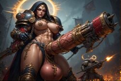 abs ai_generated balls battle big big_balls big_breasts breasts cross crucifix depraved247 futanari gigantic_breasts gun_penis hyper_penis intersex muscular nipple_piercing penis penis_weapon sister_of_battle warhammer_(franchise) warhammer_40k weapon