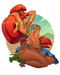 1girls athletic_female breath_of_the_wild dark-skinned_female fit_female gerudo gerudo green_eyes high_heels kneeling large_breasts long_hair looking_at_viewer nintendo posing ravenousruss red_hair skirt the_legend_of_zelda urbosa