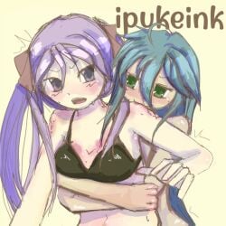2girls biting black_bra bra breasts embarrassed female girl_on_girl green_eyes kagami_hiiragi konata_izumi lesbian_couple lucky_star purple_eyes purple_hair small_breasts two_girls underwear underwear_only yuri