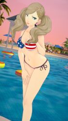 1girls 4th_of_july american_flag_bikini ann_takamaki artist_request bikini female koikatsu persona persona_5 pool poolside shin_megami_tensei tagme