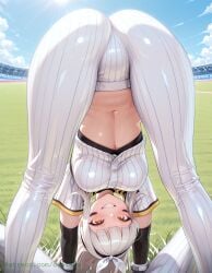 1girls ai_generated ass_focus baseball_shirt baseball_uniform blanc_(nikke) breasts crop_top cropped_shirt female goddess_of_victory:_nikke leaning_forward looking_at_viewer medium_breasts official_alternate_costume official_alternate_hairstyle oujisan pov smiling smiling_at_viewer solo_focus straight stretching sweating tagme teasing_viewer tied_shirt tight_clothing view_between_legs viewed_from_behind viewed_from_below
