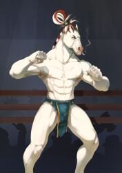 abs absurd_res anthro balls bared_teeth brown_hair bulge clothed clothing detailed_bulge equid equine front_view genital_outline genitals group hair hi_res horse male mammal muscular muscular_anthro muscular_male narrowed_eyes pecs satanic_monkey sheath_outline silhouette standing topless white_balls white_body white_hair