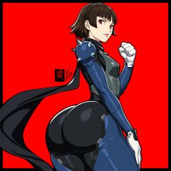 1girls ass ass_focus big_ass bodysuit braid breasts brown_hair clothed clothing female female_only from_behind fully_clothed fungus-man gloves hand_on_thigh huge_ass large_ass light-skinned_female light_skin lips looking_at_viewer makoto_niijima persona persona_5 phantom_thief_suit red_background red_eyes scarf sega self_upload short_hair skin_tight small_breasts solo solo_female thick_thighs watermark wide_hips