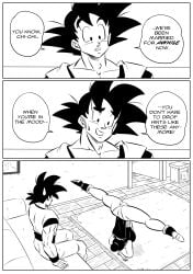 1boy 1girls black_and_white chichi comic dragon_ball dragon_ball_z english_text female funsexydragonball handstand handstand_with_split_pose humor husband_and_wife legs legs_spread male son_goku speech_bubble splits standing_on_head