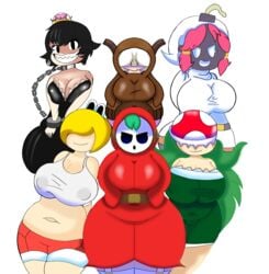 6+girls 6girls bob-omb bob-ombette breasts chain_chomp chompette cleavage clothing female female_only goomba goomba_girl h-s-temmie koopa koopa_girl mario_(series) mask multiple_girls new_super_mario_bros._u_deluxe nintendo nipples nipples_visible_through_clothing piranha_plant piranha_plant_girl shy-bomb shy_gal simple_background smile standing super_mario_bros. tagme tight_clothing white_background