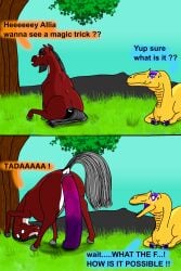 absurd_res allia_(fuckermare) allosaurid allosaurus anal anal_fluids anal_sex animal_genitalia anus ass ass_up bodily_fluids browny_(fuckermare) claws colored digital_media_(artwork) dildo dildo_in_ass dildo_insertion dildo_sitting dinosaur duo equid equine equine_anus equine_genitalia female female/female feral fuckermare genital_fluids genitals hi_res horse huge_dildo looking_back mammal nipples object_in_ass on_grass open_mouth penetration prehistoric_species puffy_anus reptile scalie sex_toy sex_toy_in_ass sex_toy_insertion sitting tail teeth text theropod