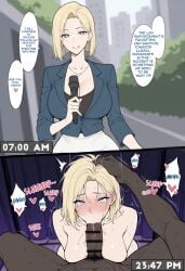 1boy 1girls blonde_hair dark-skinned_male english_text fellatio hard_translated interracial oral original original_character penis reporter translated