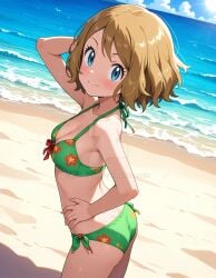 2025 4kids_entertainment ai_generated anime ass ass beach_background black_eyebrows blue_eyes_female booty brown_hair_female deviantart elryusam flower_bikini looking_at_viewer meta nintendo pokemon red_cheeks serena_(pokemon) smile_at_viewer smiling_at_viewer wet_bikini wet_body wet_skin