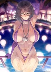 1girls black_hair cameltoe glasses huge_breasts long_gloves long_hair original original_character sling_bikini standing_in_water voluptuous wakura_(gcdan) wet
