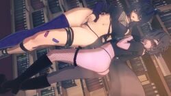 2girls armwarmer ass ass_grab bandages bent_over black_hair blush crop_top l large_ass multicolored_hair panties_aside ponytail public_exposure raccoon_ears raccoon_girl raccoon_tail short_shorts shorts snuffy snuffy_(vtuber) sweat thong wickafterdark