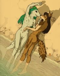 4_toes 5_fingers anthro anthro_on_anthro aoi_na'aga_(coyotek) ass beach black_hair black_nose breasts brown_body brown_fur canid canine canis constance_jotkowska_(coyotek) coyote coyotek duo feet female female/female fingers fish foreplay fur grey_body grey_skin hair hi_res hindpaw humanoid_hands mackerel_shark mammal marine nature navel nipples nude nude_anthro nude_female outdoor_nudity outside paws pussy sand sea shark sunset tail teasing teeth toes vulva water white_shark