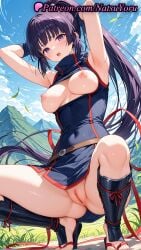 1girls 2025 ai_generated akatsuki_(log_horizon) armpit armpits arms_behind_head arms_up bangs belt blush breasts breasts_out dress hi_res highres log_horizon long_hair looking_at_viewer natsuyoru nipples no_panties open_mouth outdoors patreon ponytail purple_eyes purple_hair pussy sandals shaved_vagina short_dress sky sleeveless sleeveless_dress solo spread_legs squatting sweat thighs uncensored vagina very_long_hair voluptuous voluptuous_female