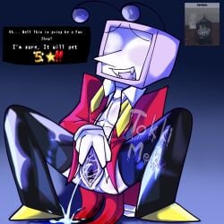 alternate_version_available black_thighhighs blue_urine cuntboy cuntboy_only deltarune deltarune_chapter_3 dialogue genital_fluids intersex object_head peeing presenting_pussy pussy pussy_juice solo spread_legs spread_pussy squatting tagme tenna_(deltarune) text thighhighs tokki_meki tv_head unbuttoned unbuttoned_shirt untied_tie urination urine urine_stream vagina vaginal_fluids watersports