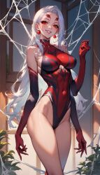 3_arms 4_eyes ai_generated breasts earrings female female_only fully_clothed funny_ai grin large_breasts long_hair monster_girl multi_arm multi_eye multi_limb red_eyes slim_waist spider_girl spider_web standing white_hair
