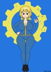 1girls big_breasts blue_bodysuit bodysuit breasts fallout female huge_breasts jumpsuit light_skin solo solo_female vault_girl vault_meat vault_suit