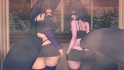 2girls armwarmer ass ass_grab bent_over black_hair crop_top large_ass multicolored_hair ponytail raccoon_ears raccoon_girl raccoon_tail short_shorts shorts snuffy snuffy_(vtuber) sweat thong wickafterdark