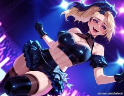 ai_generated akali balecxi bare_shoulders black_gloves black_hair blonde_hair cleavage crop_top female glowstick k/da_(league_of_legends) large_breasts league_of_legends makeup midriff navel open_mouth patreon_username ponytail shiny_clothes skindentation skirt smile solo stomach teeth thighhighs two-tone_hair