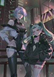 2girls best_friends cyberpunk cyberpunk:_edgerunners cyberpunk_2077 lucy_heartfilia rebecca_(edgerunners) tagme tagme_(artist) tomboy tomboyish