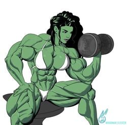 1girls abs avengers belly_button biceps big_breasts bikini dumbbell elee0228 exercise female female_only green_eyes green_hair green_skin hulk_(series) large_breasts marvel marvel_comics muscles muscular muscular_arms muscular_female muscular_legs she-hulk sitting_on_chair solo superheroine white_background workout