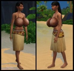 3d big_breasts big_breasts big_breasts black_hair hawaiian hawaiian_female lele_fuga(sim_doe) long_hair no_sex no_shoes original_characters revealing_clothes revealing_outfit sagging_breasts saggy_breasts sim_doe sims sims4 sims_4 the_sims the_sims_4