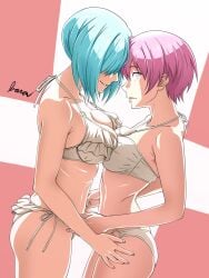 2girls artist_name ass bare_shoulders bikini blue_hair bob_cut breasts cleavage en'en_no_shouboutai enen_no_shouboutai frilled_bikini frills from_side frown hair_over_eyes halterneck highres inca_kasugatani kasugatani_inca large_breasts multiple_girls navel pink_eyes pink_hair ritsu_(en'en_no_shouboutai) ritsu_(enen_no_shouboutai) short_hair side-tie_bikini_bottom smile swimsuit varon white_background yuri
