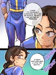 1futa 1girls bethesda_softworks big_penis blush bodysuit brown_eyes brown_hair clothed clothing dialogue english_text erection erection_under_clothes fallout_(series) fallout_4 futa/female futa_on_female futanari hermitlustful huge_cock large_penis long_hair ponytail speech_bubble sweat text