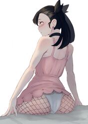 1girls ass black_hair blue_eyes butt choker dress earrings female fishnet_pantyhose marnie_(pokemon) nintendo panties pink_dress pokemon pokemon_ss ryumi-gin sitting twintails white_background