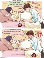 1boy 1girls aroused bed blush clothed comic dialogue dress horny horny_female inviting kissing kissing_belly love lying original_character pillow pregnant shirt sweat tamayula text turned_on wholesome