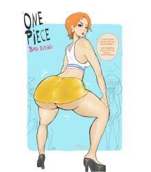 1girls ass background_characters big_ass clothing doragona english_text female female_focus fish-men_(one_piece) hi_res high_heels huge_ass nami_(one_piece) one_piece orange_hair platform_heels short_skirt skirt speech_bubble twerking underass