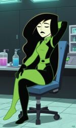 ai_generated ass bigmic145 black_hair bodysuit breasts disney disney_channel gloves green_skin kim_possible shego sleeping