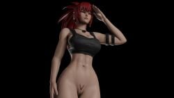 1girls 3d abs athletic_female bottomless bouquetman brazilian brazilian_female female ikari_warriors king_of_fighters king_of_fighters_xv latina latina_female leona_heidern metal_slug military_girl orochi_leona possessed pubic_hair red_eyes red_hair salute saluting shaped_pubic_hair snk
