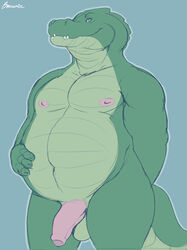 absurd_res anthro balls brownieclop crocodile crocodilian crocodylid digital_media_(artwork) foreskin genitals hi_res humanoid_genitalia humanoid_penis male male_only mike_(brownieclop) nipples nude overweight overweight_anthro overweight_male penis reptile scalie smile solo uncut