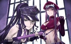 2girls bdsm_outfit beppu_mitsunaka black_hair fate/grand_order fate_(series) femdom fetish_wear fingerless_gloves gloves horny_jail jail_cell latex licking_lips looking_at_viewer male_pov malesub medb_(fate) multiple_girls pink_hair police_hat police_uniform pov sesshouin_kiara sesshouin_kiara_(swimsuit_mooncancer) sesshouin_kiara_(swimsuit_mooncancer)_(fate) traffic_baton yellow_eyes