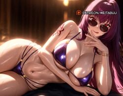 ai_generated bikini blacked blush bodysuit breasts cleavage fate/grand_order female large_breasts licking_lips long_hair looking_at_viewer looking_over_eyewear looking_over_sunglasses meitabuu navel purple_hair red_eyes scathach_(fate) smile solo sunglasses swimsuit tattoo thighs tinted_eyewear tongue tongue_out
