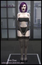 3d big_breasts big_breasts big_breasts curvy curvy_body curvy_female curvy_figure curvy_hips english english_text goth goth_girl grey_skin high_heels luna(sim_doe) miss_bots(sim_doe) no_sex original_characters purple_hair revealing_clothes revealing_outfit robot robot_girl robot_humanoid sim_doe sims sims4 sims_4 the_sims the_sims_4