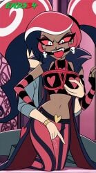 dark-skinned_female demon_girl ends34 female female_focus gag gagged grabbing grabbing_from_behind hazbin_hotel pink_hair red_eyes rope rope_bondage velvette