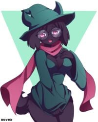 anthro ass big_ass big_breasts black_fur black_hair blush breasts clothed clothing cute cute_fang deltarune female female_ralsei floppy_ears fluffy fluffy_tail fur furry genderswap genderswap_(mtf) glasses hair happy hat heart horn huge_breasts large_breasts looking_at_viewer mammal nipples no_humans nuvex open_mouth pink_eyes ralsei ralsei_with_black_fur robe rule_63 scarf simple_background sweat tail tongue