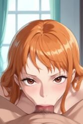 ai ai_generated blowjob deep_blowjob deepthroat earings ginger living_room male/female naked_female nami_(one_piece) one_piece oral oral_sex orange_hair pov_eye_contact pov_male red_hair sucking sucking_penis swallowed_whole tagme tattoo video window
