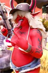 4th_of_july american_flag_bikini bangs_over_eyes belly big_breasts bikini bikini_top black_lipstick blender blender_(artwork) blender_(software) blender_cycles chubby chubby_female clothed demon demon_girl demon_horns demon_tail denim denim_shorts desdemona_(fortnite) female fortnite fortnite:_battle_royale gun horns large_belly long_tongue piercing piercings public red_body red_skin sharp_teeth shorts tongue tongue_out undead_h34d weapon white_hair