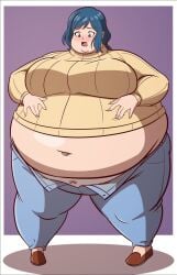 bbw bbw_mom big_belly big_belly_bulge blue_hair blush chubby chubby_female embarrassed fat fat_female female green_eyes gundam_build_fighters iori_rinko large_female obese obese_female overweight pants_unzipped sweatshirt