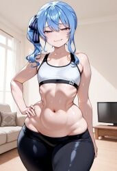 ai_generated bangs bare_shoulders blue_eyes blue_hair breasts closed_mouth collarbone eyebrows_visible_through_hair female flat_chest groin hair_ribbon half-closed_eyes hand_on_hip hololive hoshimachi_suisei indoors looking_at_viewer lowleg lowleg_pants medium_hair navel self_upload side_ponytail sidelocks skindentation smile solo sports_bra thick_thighs thighs virtual_youtuber wide_hips yoga_pants yukiguni_yuu_(style)