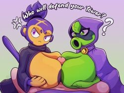 1boy 2025 2girls 2girls1boy anonymous_male areolae bloons_tower_defense breasts_out cheesymint cloak commission docking double_paizuri ezili green_areola green_eyes green_shadow_(pvz) green_skin hood huge_breasts leaf_hair mask masked_female monkey monkey_girl monkey_tail paizuri peashooter_(pvz) penis plant plant_girl plants_vs_zombies plants_vs_zombies:_heroes ponytail pov purple_areola purple_eyes purple_fur robe scar